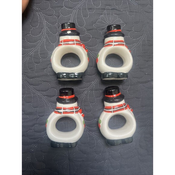 Big Lots Ceramic Christmas Napkin Rings Snowman Winter Theme 4" x 2.75" 4pc VTG - Picture 4 of 8